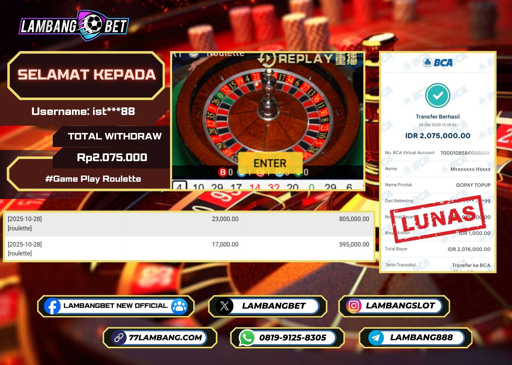 LAMBANGBET [28 OKTOBER 2025] JACKPOT LIVE CASINO Game Play Roulette "Rp2.075.000" LUNAS